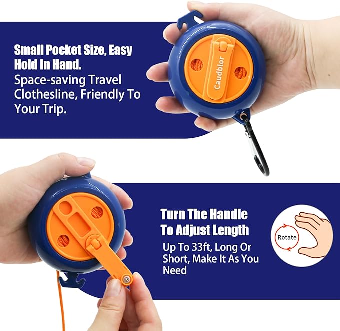 Portable Travel Clothesline Cord, Caudblor Adjustable 33ft Camping Clothes line, Laundry Drying Rope for Hotel Trip, Cruise, Outdoor/Indoor, with 12Pcs Stoppers, Windproof Clothespins