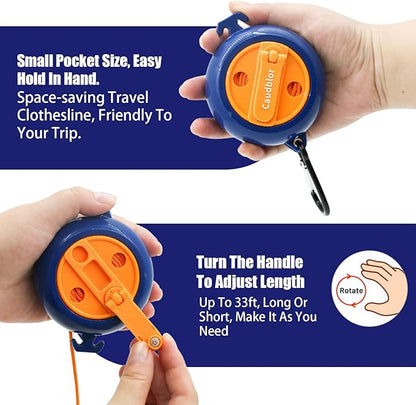 Portable Travel Clothesline Cord, Caudblor Adjustable 33ft Camping Clothes line, Laundry Drying Rope for Hotel Trip, Cruise, Outdoor/Indoor, with 12Pcs Stoppers, Windproof Clothespins
