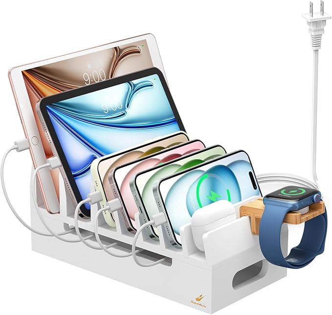 Pezin & Hulin Bamboo Charging Station with Watch Stand, Docking Holder for Multi Device with 5 Port USB Charger HUB, 5 Charge Cables, Desktop Electronic Organizer for Cellphone, Tablet, Watch-White