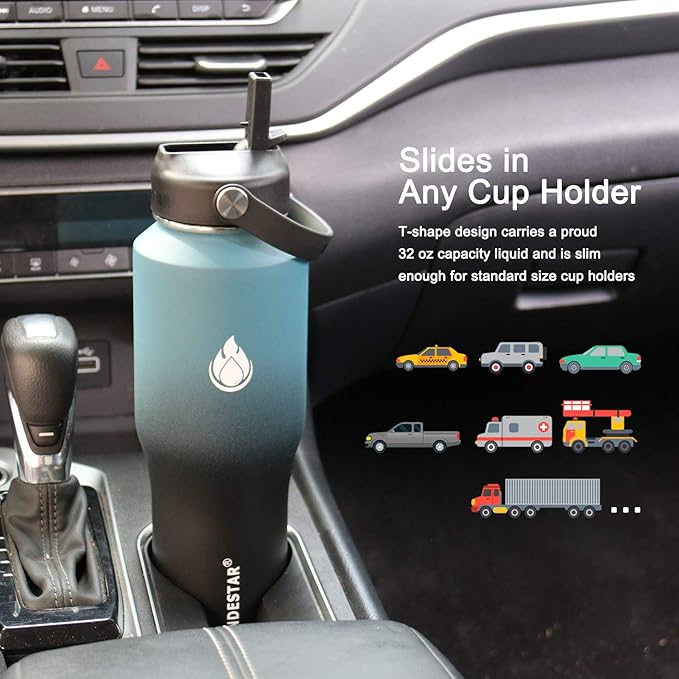 SENDESTAR Water Bottle 32oz,Wide Mouth Stainless Steel Vacuum Insulated Double Wall Keep Liquids Cold or Hot All Day,Sweat Proof Sport Design,Fit Car Cup Holder,(Straw and Spout lid)(Dark blue&Balck)