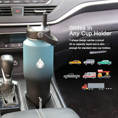 SENDESTAR Water Bottle 32oz,Wide Mouth Stainless Steel Vacuum Insulated Double Wall Keep Liquids Cold or Hot All Day,Sweat Proof Sport Design,Fit Car Cup Holder,(Straw and Spout lid)(Dark blue&Balck)