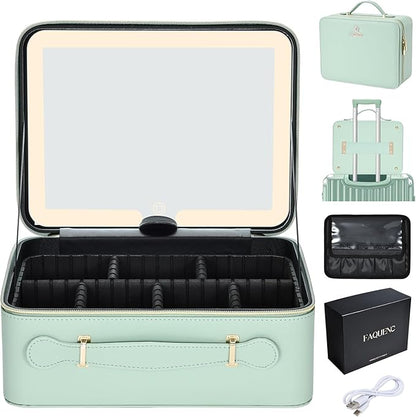 Leather Makeup Case with LED Lighted Mirror 11.4 Inch Travel Makeup Bag Adjustable Brightness in 3 Colors Cosmetic Organizer Artist Storage Bag with Dividers Brush Holder Storage Vanity Watery Blue