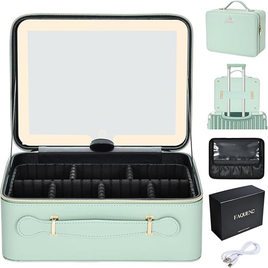 Leather Makeup Case with LED Lighted Mirror 11.4 Inch Travel Makeup Bag Adjustable Brightness in 3 Colors Cosmetic Organizer Artist Storage Bag with Dividers Brush Holder Storage Vanity Watery Blue