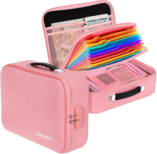BlackSmith Fireproof Document Box, 4200°F Heat Resistant & Waterproof Hard Case 13 Layers File Organizer with Lock, Portable Safe for Important Documents, Certificates, Travel Use-Pink