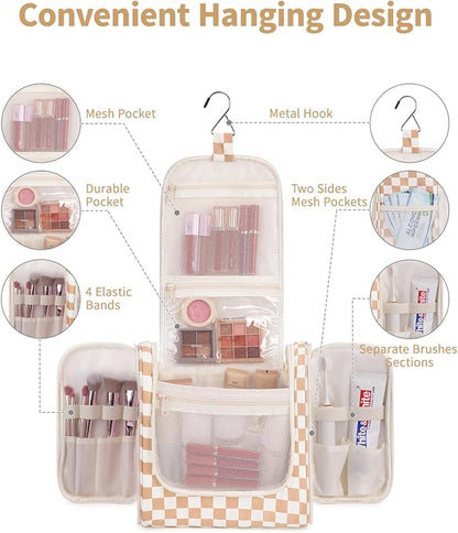 Narwey Checked Hanging Travel Toiletry Bag for Women, Travel Bag for Toiletries, Makeup Bag Organizer Cosmetic Bags Make Up Bags for Women (Light Checkerboard)