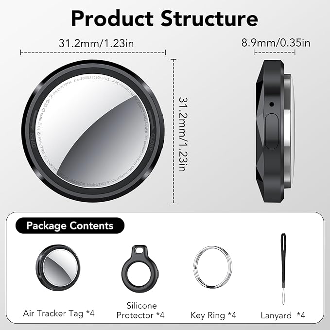 QCOQ® Air Tracker Tags-4 Pack Black | Bluetooth Tracker Work with Apple Find My (iOS Only), Smart Tag with Protective Case/Keychain/Lanyard, Item Finder for Luggage/Key/Suitcase, Up to 100dB