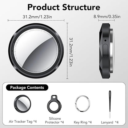 QCOQ® Air Tracker Tags-4 Pack Black | Bluetooth Tracker Work with Apple Find My (iOS Only), Smart Tag with Protective Case/Keychain/Lanyard, Item Finder for Luggage/Key/Suitcase, Up to 100dB