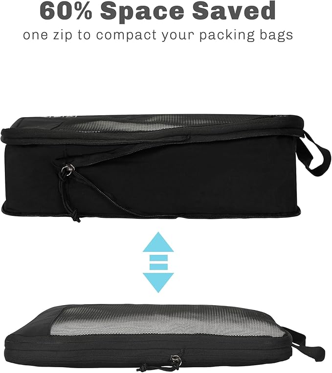 Hynes Eagle 6 Set/ 4 Set/ 2 Set Compression Packing Cubes Travel Essentials Lightweight Nylon Luggage Suitcase Organizer Bag Black 2PCS