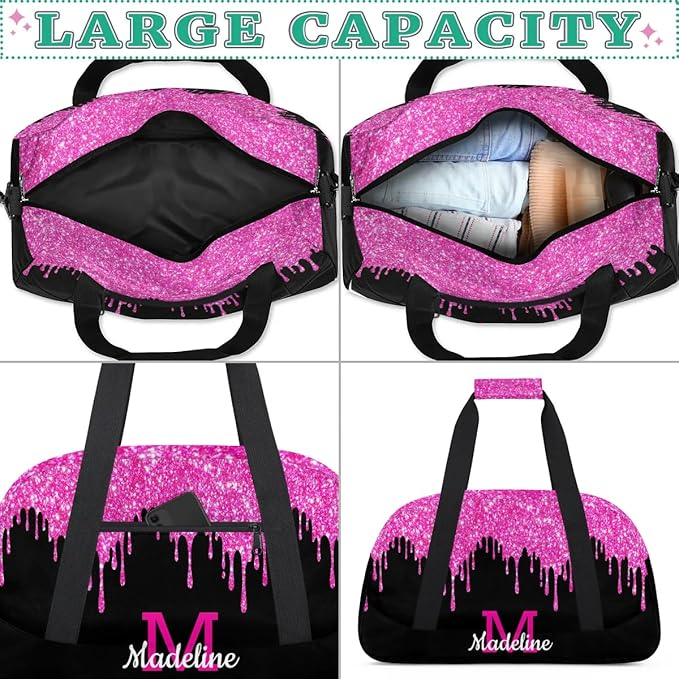 Personalized Kids Sports Duffel Bag with Name Custom Weekender Overnight Bag for Boys Girls Gym Bag Travel Dance Gymnastics Duffel Bag, HotPink Glitter