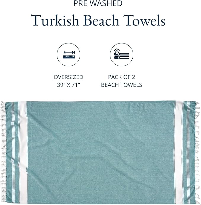 LANE LINEN Beach Towel Oversized, 2 Pack Turkish Beach Towels, Pre-Washed Stylish Womens, Quick Dry Swim, Sand Free Beach Towel, Adult Beach Towels - Hunter Green