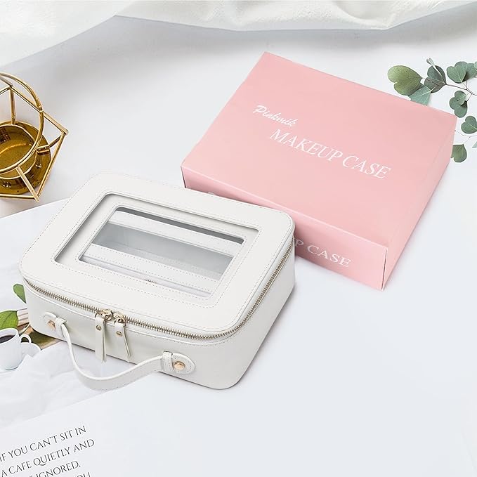 Pinkmik Clear Makeup Bag with Brush Bag 3pcs Waterproof Travel Case for Cosmetics and Toiletries Women's Makeup Organizer with Zipper (White, L+M+SLIM)