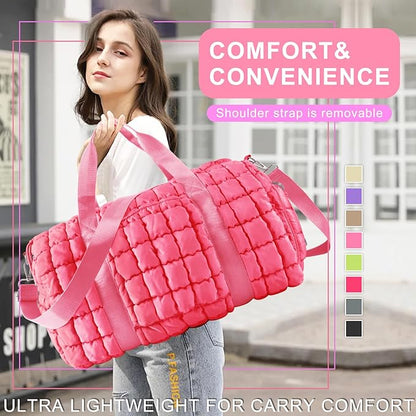 Quilted Travel Duffle Bag Gym Bag for Women,Large Puffer Duffle Weekender Bag with Compartment,Workout Overnight Carry on Organizer Bag Duffle Bag for Airplane Travel(Pink)