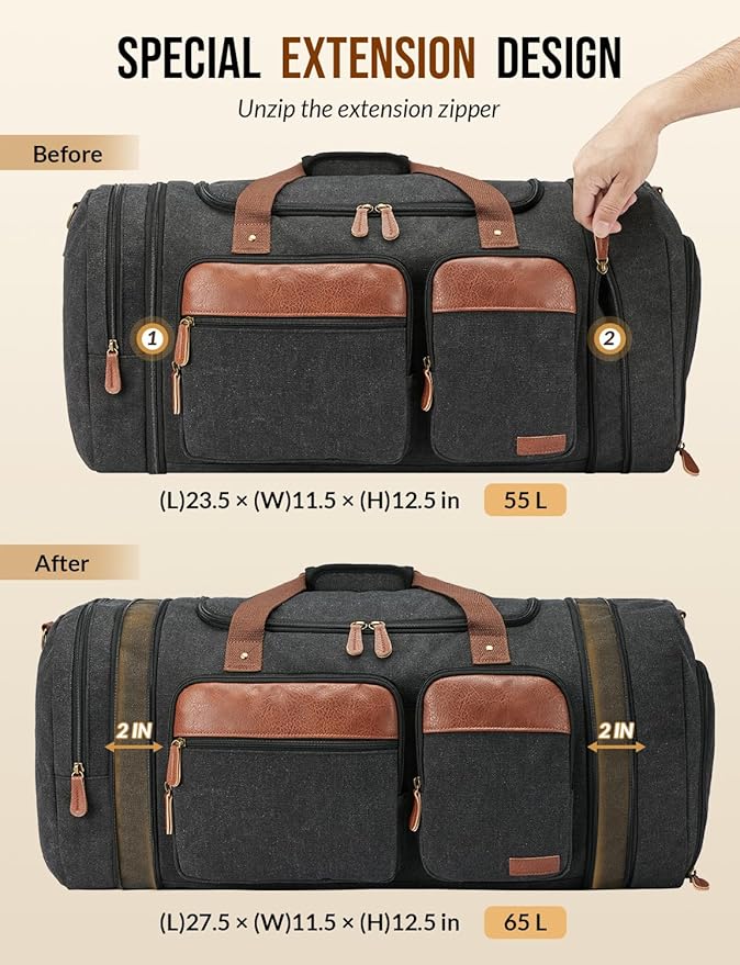 Canvas Duffle Bag for Travel 65L Expandable Travel Duffel Bags for Men Women Overnight Weekend Gym Bag with Shoes Compartment - Dark Grey(65L)