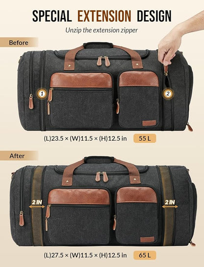 Canvas Duffle Bag for Travel 65L Expandable Travel Duffel Bags for Men Women Overnight Weekend Gym Bag with Shoes Compartment - Dark Grey(65L)