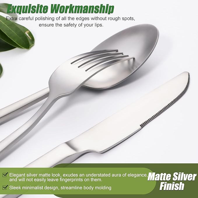 Forged Silverware Set for 8, 40-Piece Stainless Steel Matte Satin Finish Flatware Set Silverware Cutlery Set Tableware Modern Kitchen Utensils Set for Home Restaurant, Dishwasher Safe
