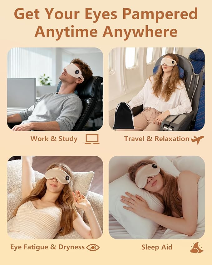 Heated Eye Mask for Dry Eyes & Stye Relief, 100% Mulberry Silk Sleep Mask with 3 Heat Levels & Auto-Off, Rechargeable & Washable Warm Eye Compress, Graphene Wireless Heating Pad for Travel