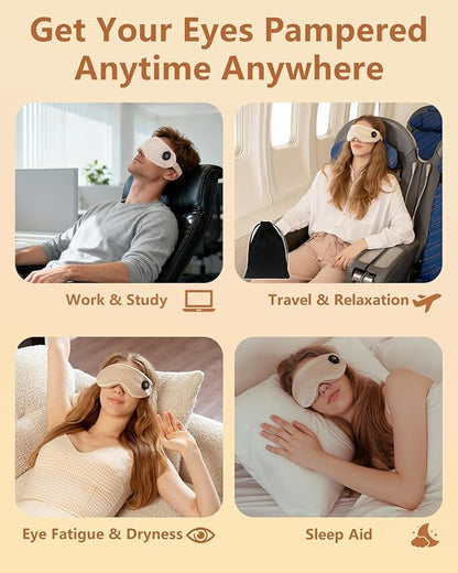 Heated Eye Mask for Dry Eyes & Stye Relief, 100% Mulberry Silk Sleep Mask with 3 Heat Levels & Auto-Off, Rechargeable & Washable Warm Eye Compress, Graphene Wireless Heating Pad for Travel