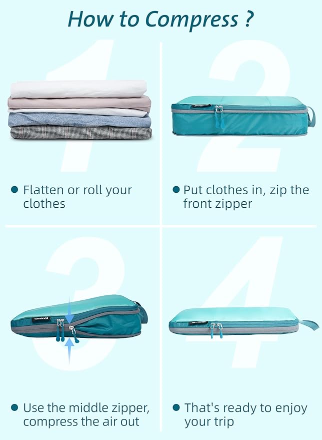 Bagail Ultralight Compression Cubes 7 Set - 3 Packing Cubes, 3 Organizers, and 1 Shoe Bag