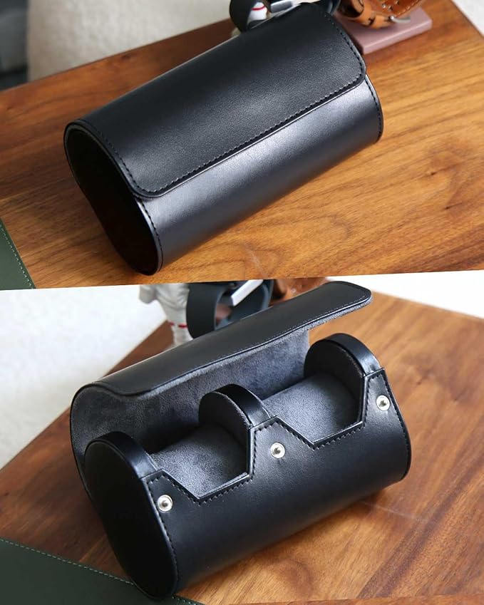 Premium Leather Travel Case, Variable Size Pillow Design, Roll Organizer for Men and Women, Black 2 Slot Portable Storage Box With Faux Suede Fabric Lining