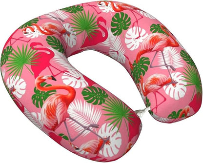 Neck Travel Pillow, Breathable Memory Foam Chin & Head Support Cushion Tropical Palm Leaf Pink Flamingos for Airplane Car Sleeping Rest
