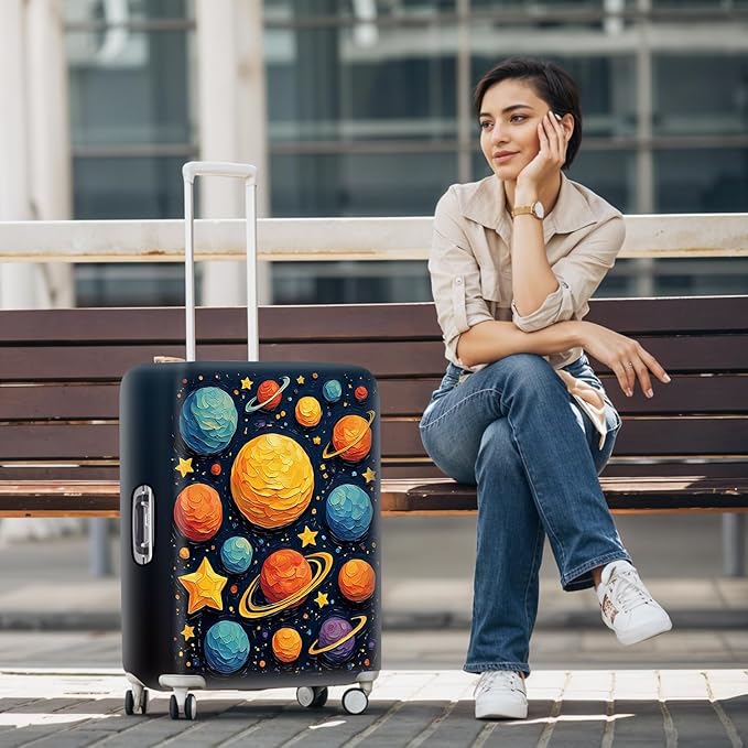 Space-Themed Luggage Cover – Durable Elastic Anti-scratch Travel Suitcase Protector with Wheel Access, Fits Most Carry-On and Checked Bags,L