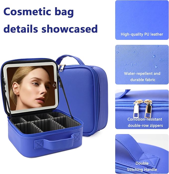 Travel Makeup Bag for Makeup Artists Large Makeup Case,with Mirror 3 Color Setting and Detachable 10x Magnifying Mirror Travel Makeup Bag,Portable Storage and Adjustable Dividers-dark blue
