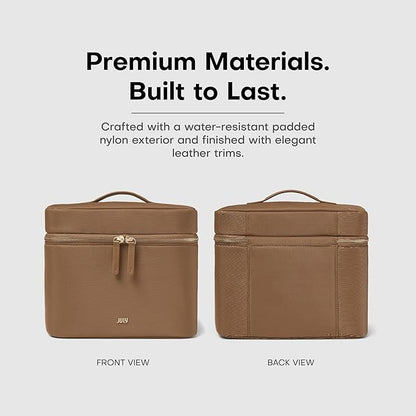 Vanity Cosmetic Case - Stylish Travel Makeup Bag for Women with Removable Wet Pouch, Upright Bottle Design, Clear Top Pocket, Leather Handle, Travel Essentials, Toiletry Organizer - Light Brown