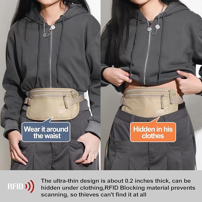 DAITET Money Belt - Passport Holder Secure Hidden Travel Wallet with RFID Blocking, Undercover Fanny Pack (Beige)