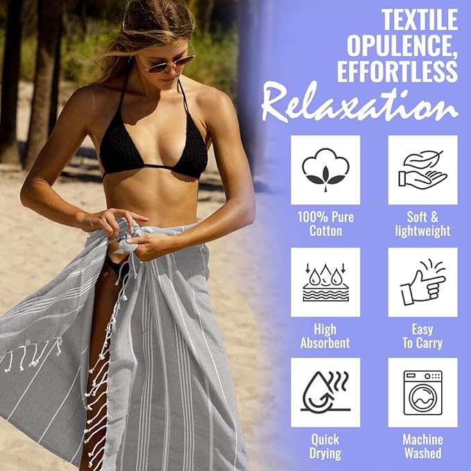 Beach Towel 100% Cotton Turkish Beach Towel Adult 38x70 Inch Pre-washed Absorbent Extra Large|Sand Free Quick Dry BathTowels|Lightweight Blanket|Travel Cruise Camping Spa Gym Yoga Towel|Dapple Grey
