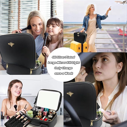 Travel Makeup Bag with Light Up Mirror, Portable Makeup Bag with Led Light Women Waterproof Makeup Travel Case adjustable dividers Rechargeable Vanity Mirror with 3 Color Lights (NO Shoulder Strap)