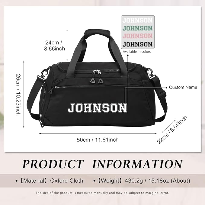 Personalized Duffel Bag Custom Sport Gym Travel Bags Embroidered Name Text Customized Dry Wet Separated Weekend Waterproof Bag for Women Men (A-Black)