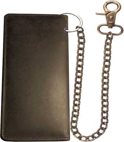 CLASSIC Motorcycle Chain Wallet for Men – Premium Cowhide Leather, RFID Bi-Fold Biker Wallet for Bikers Truckers & Hunters, Credit Card Money Organizer Long Wallet Crazy Horse Brown Vintage Chain