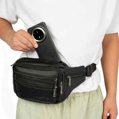 Leather Fanny Pack for Men Women,Genuine Leather Waist Belt Bag with Adjustable Strap Belt Hip Bag with Multi-Pockets for Travel Sports Running Cycling Hiking