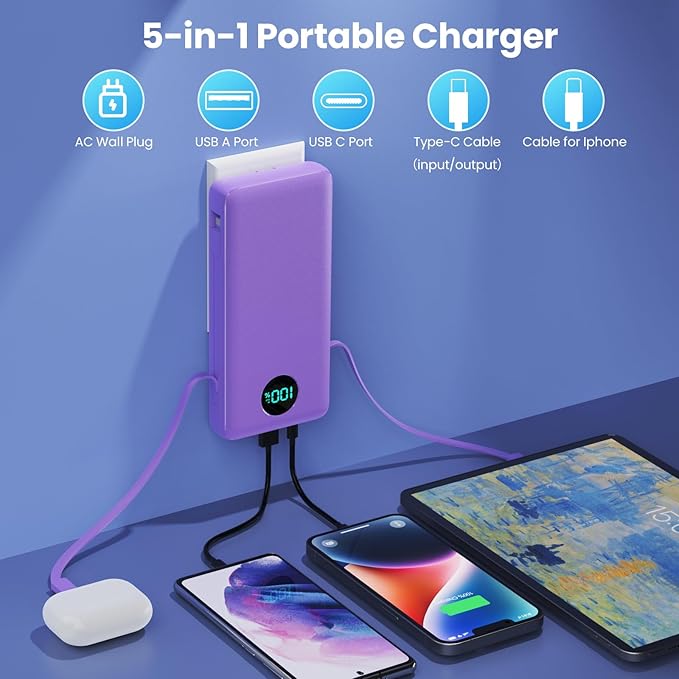 Portable Charger 33800mAh USB C Power Bank with Built-in Cables & AC Wall Plug,25W Fast Charging+QC 4.0 Phone Charger,4 Output Travel Essentials Battery Pack for iPhone16/15/14/13,Samsung,Android etc