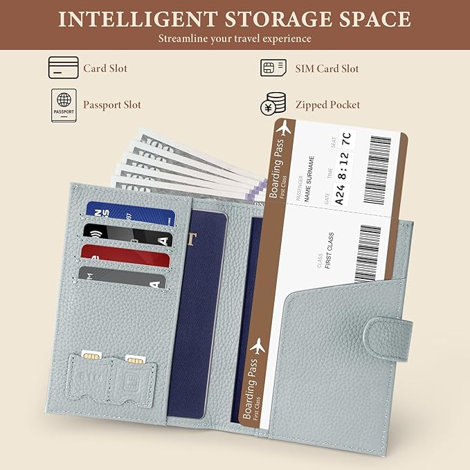 Genuine Leather Passport Holder for Women Men, Hidden Airtag Pocket, RFID Blocking, Zippered Coins Pocket & Cash Compartment Travel Gifts Essentials Passport Cover Case - Blue