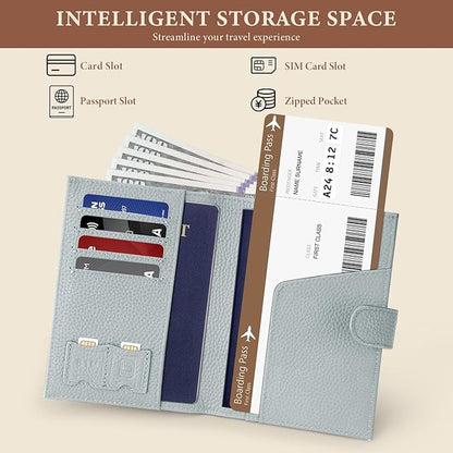Genuine Leather Passport Holder for Women Men, Hidden Airtag Pocket, RFID Blocking, Zippered Coins Pocket & Cash Compartment Travel Gifts Essentials Passport Cover Case - Blue