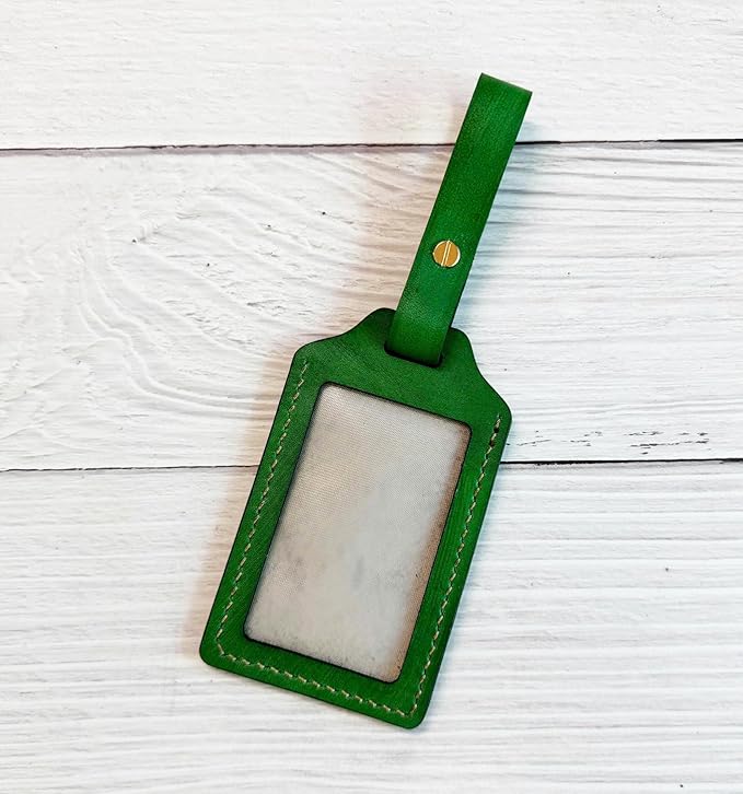 Mayan Corner - Leather Handmade Luggage Tag with UFO Alien Design, Green, ID Window, Brass Hardware