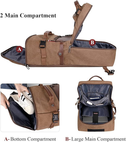 WITZMAN Travel Backpack for Men Women Carry on Luggage Backpack Canvas Rucksack Duffel bag with Shoe Compartment（A2021 big size brown）