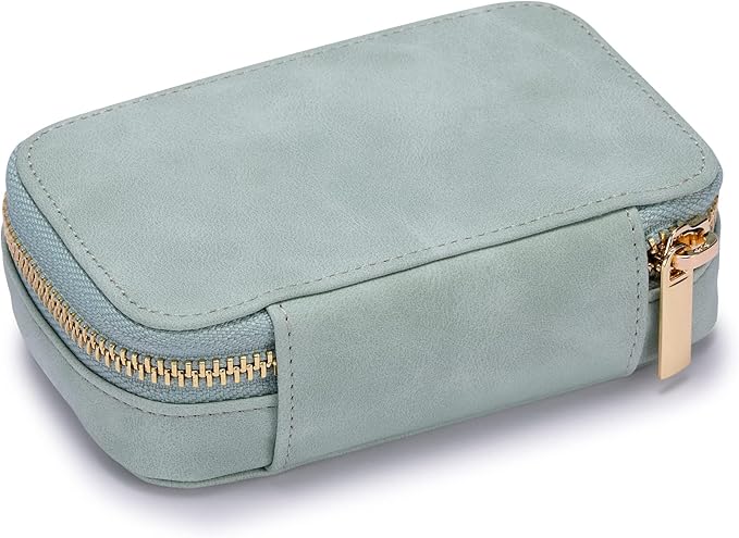 HISCOW Vegan Leather Travel Jewelry Case with Zipper - Portable Necklace & Earring Holder Organizer for Women Girls, Velvet-Lined Ring Box with Anti-Tarnish Design, Light Green