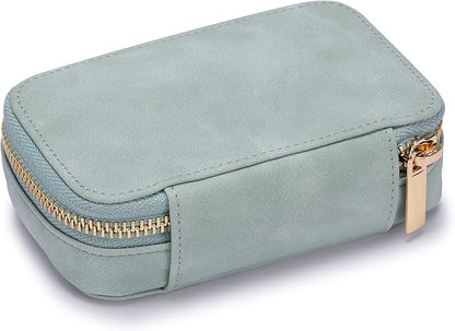 HISCOW Vegan Leather Travel Jewelry Case with Zipper - Portable Necklace & Earring Holder Organizer for Women Girls, Velvet-Lined Ring Box with Anti-Tarnish Design, Light Green