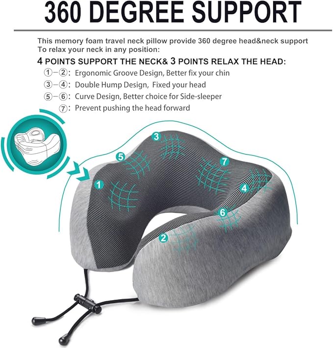 napfun Neck Pillow for Traveling, Upgraded Travel Neck Pillow for Airplane 100% Pure Memory Foam Travel Pillow for Flight Headrest Sleep, Portable Plane Accessories, Light Grey Set