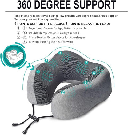 napfun Neck Pillow for Traveling, Upgraded Travel Neck Pillow for Airplane 100% Pure Memory Foam Travel Pillow for Flight Headrest Sleep, Portable Plane Accessories, Light Grey Set