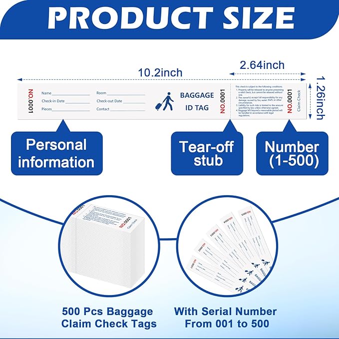 500 Pcs Paper Hotel Luggage ID Tags with Transfer Tape On Back Luggage Tags Bulk White Baggage Claim Check Tags Serial Numbering Claim Ticket Baggage Identification for Suitcase Motel Bag Storage