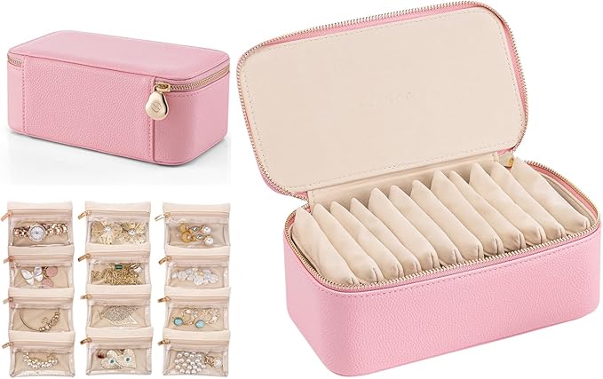 Vlando Travel Jewelry Box Organizer - 12 Small Velvet Zipped Pouches Pockets for Jewelries Necklaces Rings Earrings Sorting Storage, Strawberry Pink