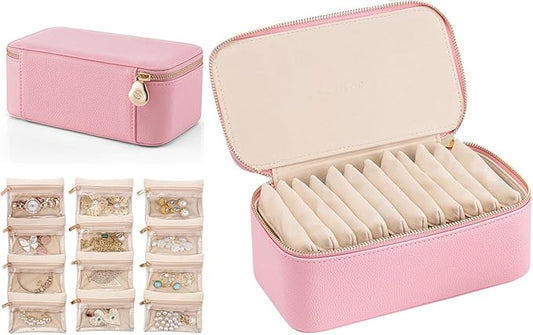 Vlando Travel Jewelry Box Organizer - 12 Small Velvet Zipped Pouches Pockets for Jewelries Necklaces Rings Earrings Sorting Storage, Strawberry Pink