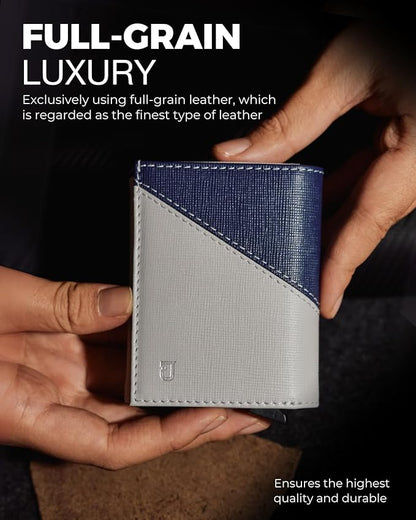 Jenoss Smart Wallet For Men: Full Grain Leather, Handcrafted, Slide Metal Pop Up Case, Slim RFID Blocking Credit Card Holder, Minimalist, Compact 12 Cards Slot Organizers, ID, Money Clip (Grey & Navy)