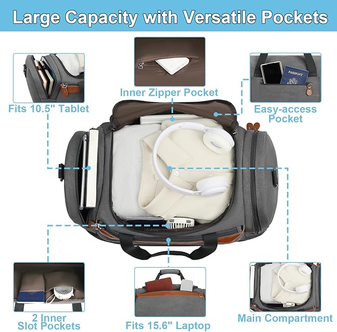 Duffle Bag for Travel, Expandable 50L Canvas Weekender Bag, Overnight Bag Travel Duffel Bag for Men Carry On Luggage with Removable Shoulder Strap, Durable & Water-Resistant
