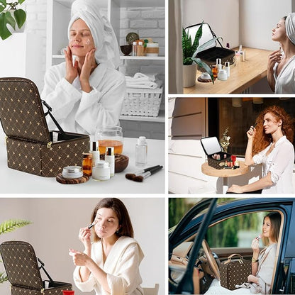 Travel Makeup Bag With 360° rotating LED Mirror,Waterproof cosmetic organizer,Portability Cosmetic case,Makeup organizer,Gift for Women,Girls Gift (Brown)