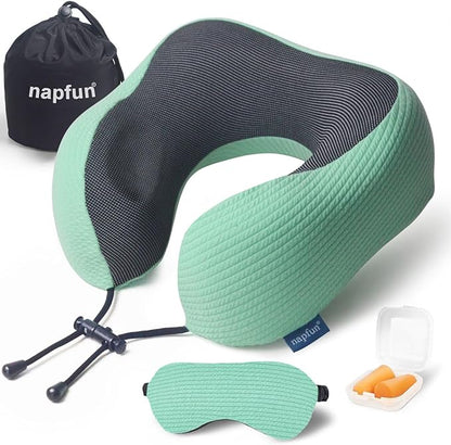 napfun Neck Pillow for Traveling, Upgraded Travel Neck Pillow for Airplane 100% Pure Memory Foam Travel Pillow for Flight Headrest Sleep, Portable Plane Accessories, Striped Turquoise Set