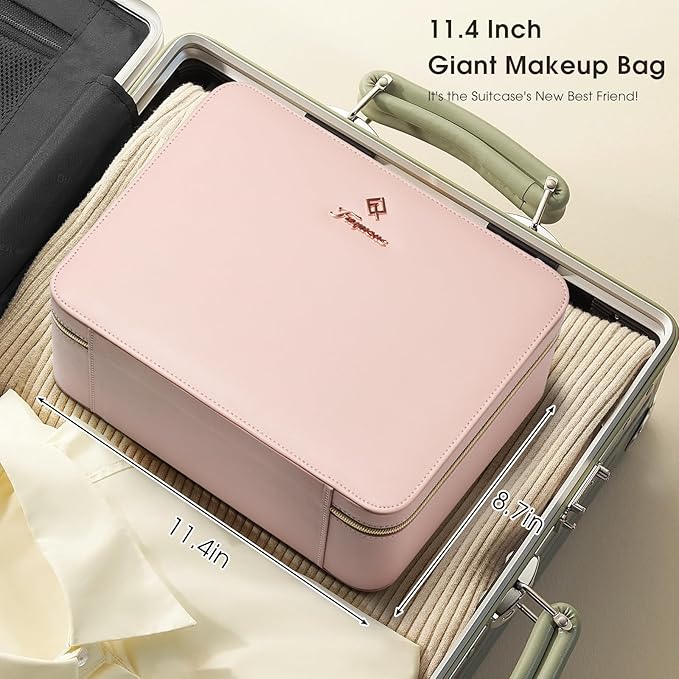 Leather Makeup Case with LED Lighted Mirror 11.4 Inch Travel Makeup Bag Adjustable Brightness in 3 Colors Cosmetic Organizer Artist Storage Bag with Dividers Brush Holder Storage Vanity Pink